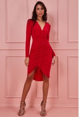 Red Long Sleeve Ruched Midi Dress