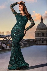 Emerald Sequin Mesh Embroidered Maxi Dress