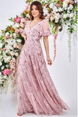 Blush Flared Sleeve Embroidered Maxi Dress