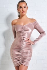 Champagne Off The Shoulder Ruched Mini