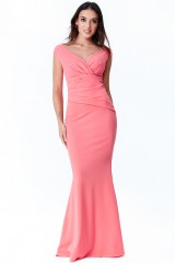 Coral Bardot Pleated Maxi Dress