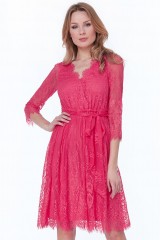 Hot Pink Lace V Neck Midi Dress