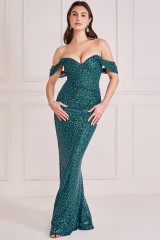 Emerald Off The Shoulder Sequin Wing Maxi Dress