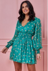 Green V Neck Shirred Waist Tea Dress