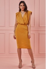 Mustard Wrap Style Bodycon Midi Dress