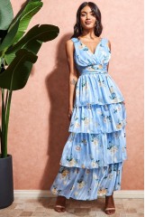 Blue Tiered Chiffon Floral Maxi Dress