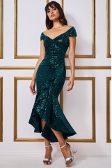 Emerald Sequin & Velvet Bardot High Low Maxi Dress