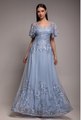 Blue Lace Flutter Sleeve A Line Maxi Dress