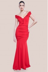 Red Off The Shoulder Frill Gathered Maxi Dress