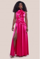 Magenta Halter Neck Front Split Satin Maxi Dress