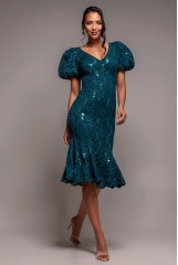 Blue Sequin Lace Puff Sleeve Midi Dress