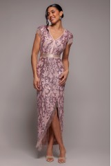 Blush Pink Embroidered Sequin Front Split Midaxi Dress