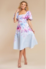 Blue Printed Scuba Square Neck Puff Sleeve Midi Dress