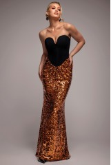 Bronze Scuba Crepe & Sequin Dipped Waist Strapless Maxi Dress