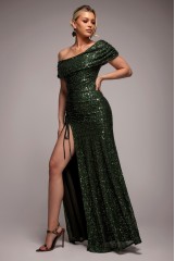 Olive Green Off The Shoulder Sequin Cowl Maxi Dress