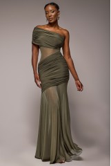 Khaki Gathered One Shoulder Sheer Panel Maxi Dress