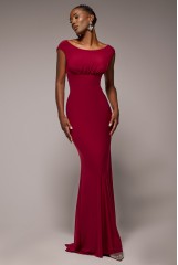 Wine Open Back Cowl Neck Gathered Maxi Dress