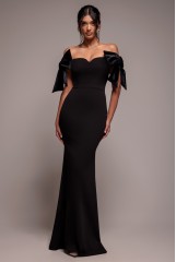 Black Scuba Off The Shoulder Velvet Bow Maxi Dress