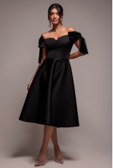 Black Scuba Off The Shoulder Velvet Bow Skater Midi Dress