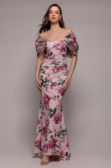 Blush Off Shoulder Floral Bow Back Maxi Dress