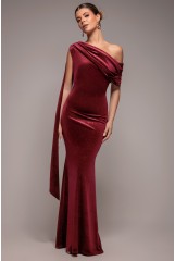 Wine Glitter Velvet Sash One Shoulder Maxi Dress