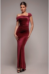 Wine Glitter Velvet One Shoulder Maxi Dress