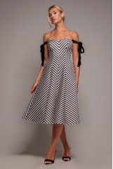 Black Diagonal Stripe Velvet Bow A Line Midi Dress