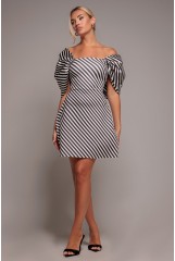 Black Stripe Off Shoulder Satin Bow Mini Dress