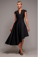Black Cap Sleeve Textured Skater Midi Dress