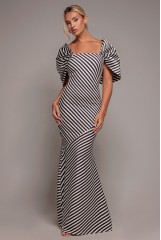 Black Stripe Off Shoulder Bow Back Maxi Dress