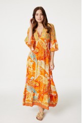 STELLA  Orange Printed 3/4 Sleeve Midi Dress