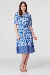 STELLA  Blue Printed Short Sleeves Contract Hem Dress