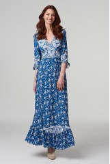 STELLA  Blue 3/4 Sleeves V Neck Maxi Dress